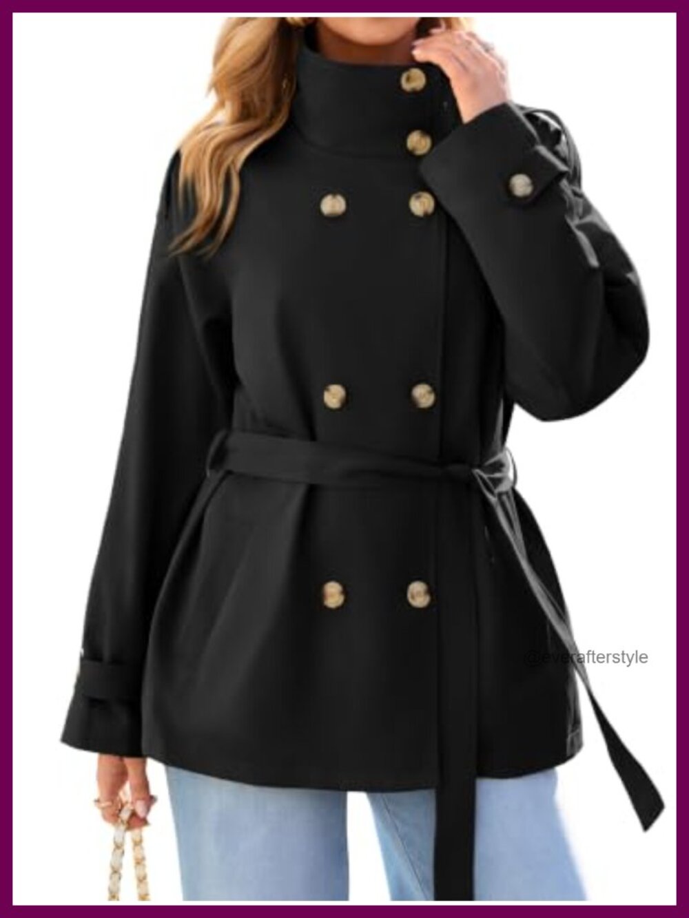 Short Trench Coat Double Breasted Stand Collar Belted Fall Jacket